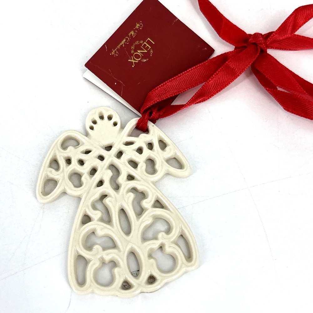 Lenox Pierced Angel Charm Christmas Ornament Cream Porcelain W Red Ribbon 2.5"